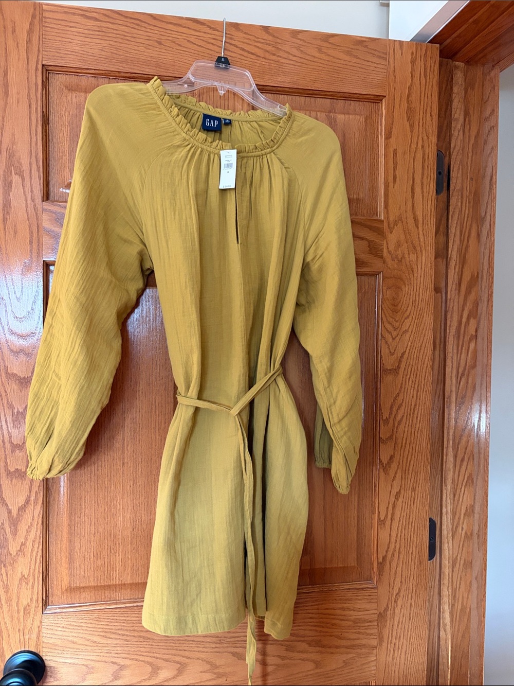 GAP Mustard Tie-Waist Long Sleeve Smock Dress side pockets